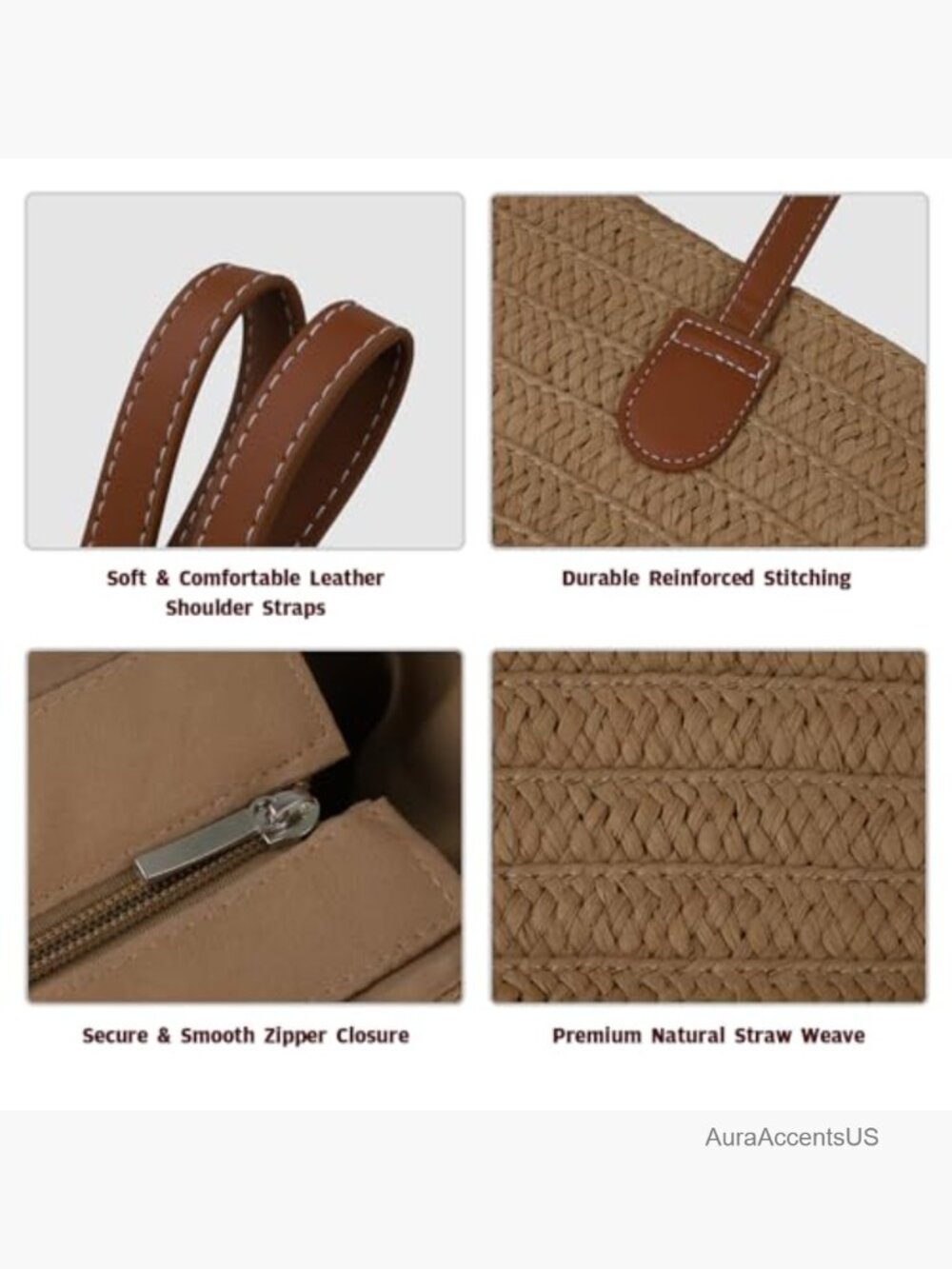 Large Woven Straw Beach Tote, Zippered with Leather Straps, Summer Handbag - Picture 6 of 7